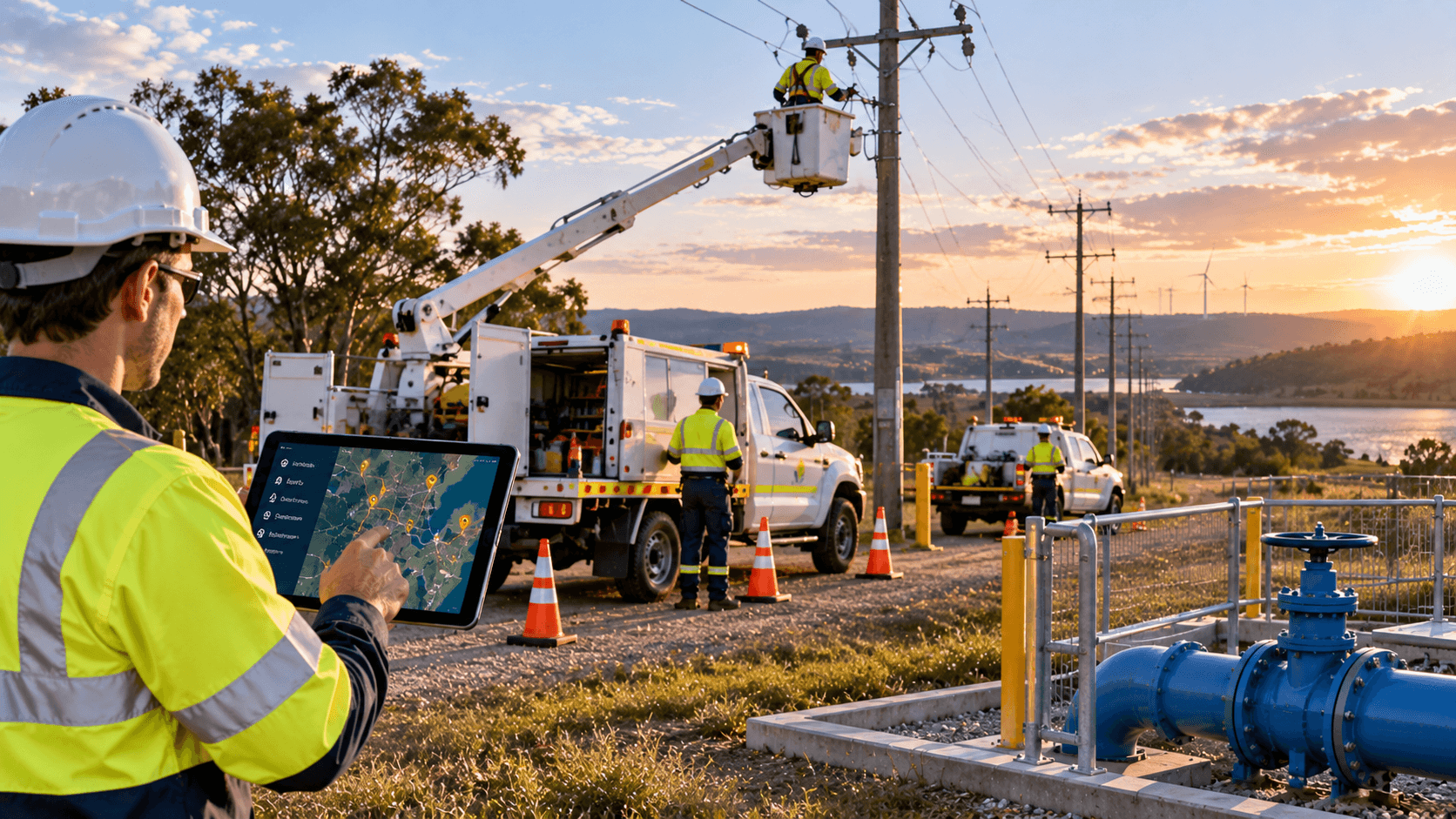 Utility field crew and service vehicle near infrastructure