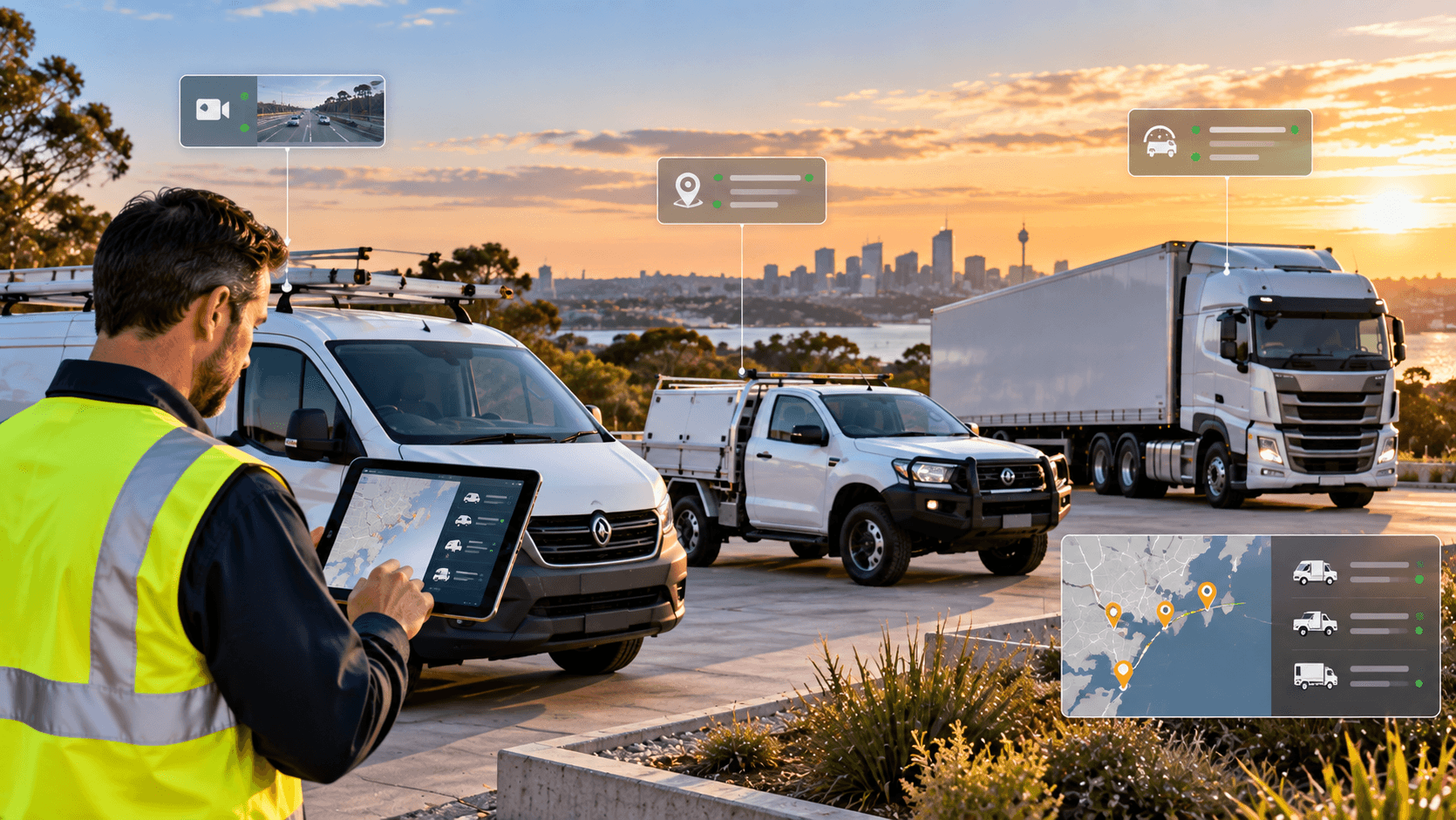 Australian commercial fleet with service vehicles and a fleet manager using a tablet