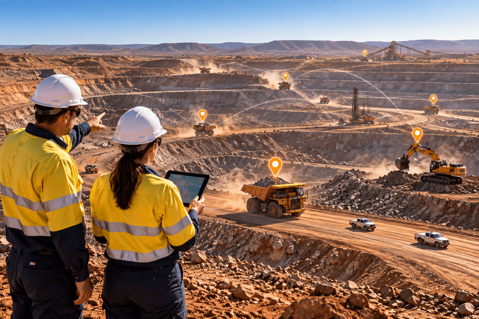 Heavy mining equipment operating across a remote mine site